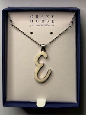 NWT Vintage Liz Claiborne Initial E Necklace Silver Cursive Letter E in Box⁠